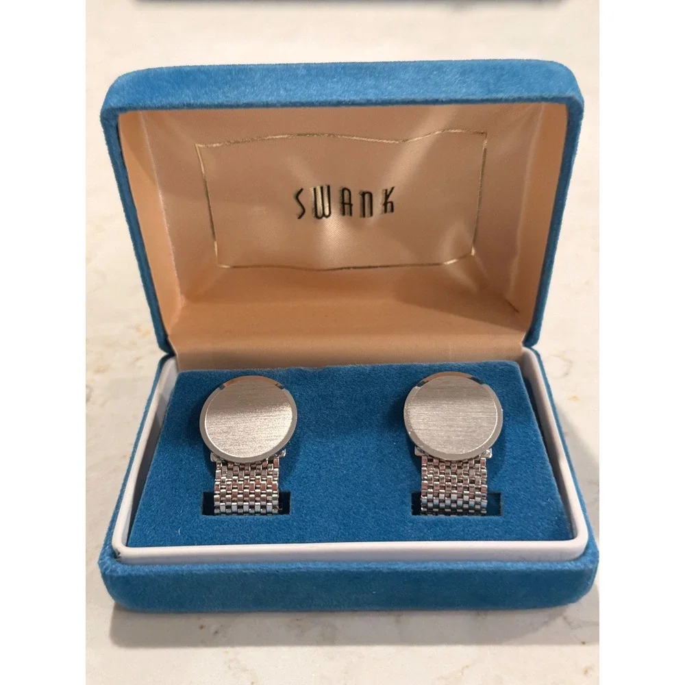 Swank Vintage Wrap Cufflinks Brushed Silver Tone Mesh Round MCM Original Box
